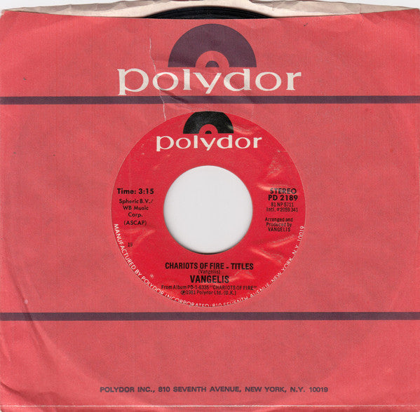 Vangelis : Chariots Of Fire - Titles (7", Single, Styrene, 19 )