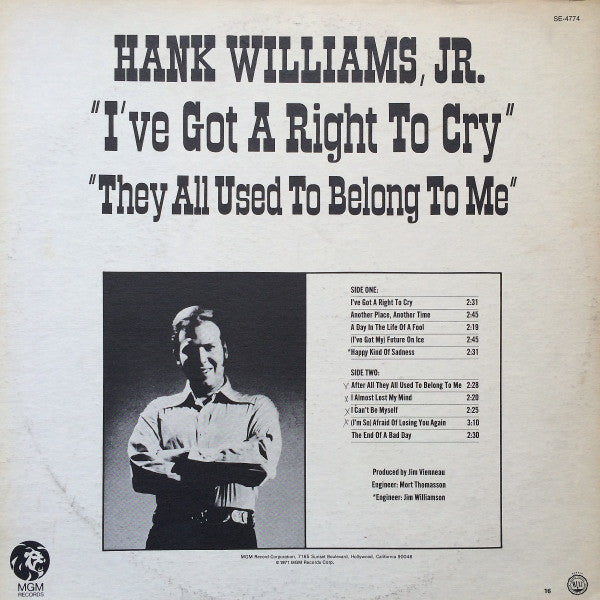 Hank Williams Jr. : 'I've Got A Right To Cry' 'They All Used To Belong To Me' (LP)