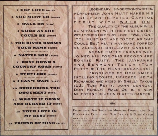 John Hiatt : Walk On (CD, Album, Promo)
