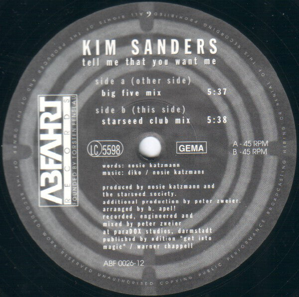 Kim Sanders : Tell Me That You Want Me (12")