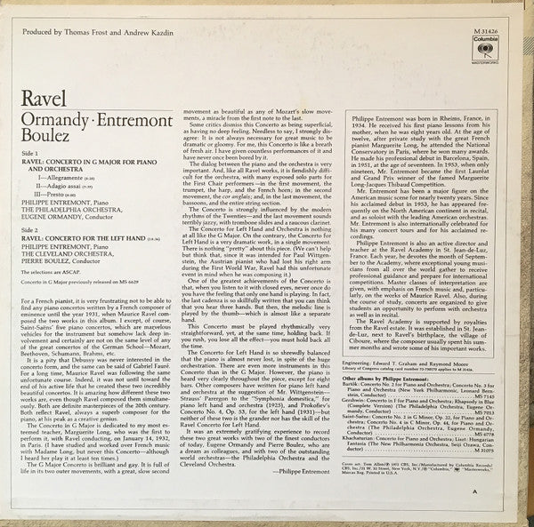 Maurice Ravel - Eugene Ormandy, Philippe Entremont, Pierre Boulez : Piano Concertos (LP, Album)