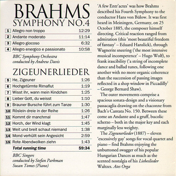 Johannes Brahms - BBC Symphony Orchestra Conducted By Andrew Davis, BBC Singers Conducted By Stefan Parkman : Symphony No. 4 / Zigeunerlieder (CD, Album)