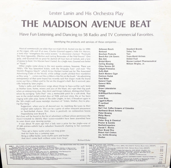 Lester Lanin And His Orchestra : Lester Lanin And His Orchestra Play The Madison Avenue Beat (LP, Album, Mono)