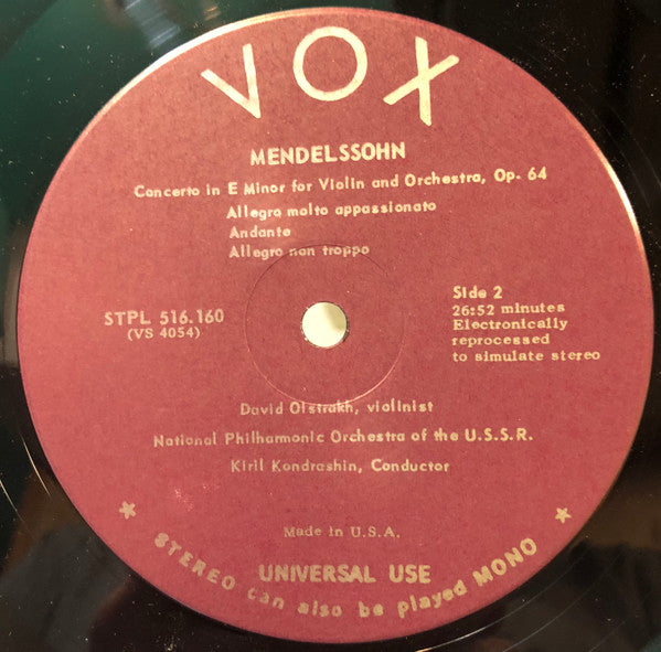 Pyotr Ilyich Tchaikovsky / Felix Mendelssohn-Bartholdy - David Oistrach, Bolshoi Theatre Orchestra, Samuel Samosud, Moscow Philharmonic Orchestra, Kiril Kondrashin : Violin Concerto In D Major - Violin Concerto In E Minor (LP, Comp)