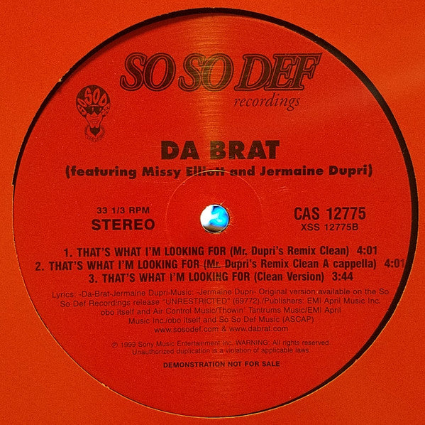 Da Brat : That's What I'm Looking For (Mr. Dupri's Remix) (12", Promo)