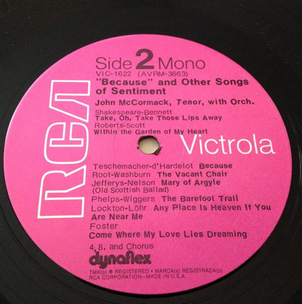 John McCormack (2) : Because And Other Songs Of Sentiment (LP, Comp)