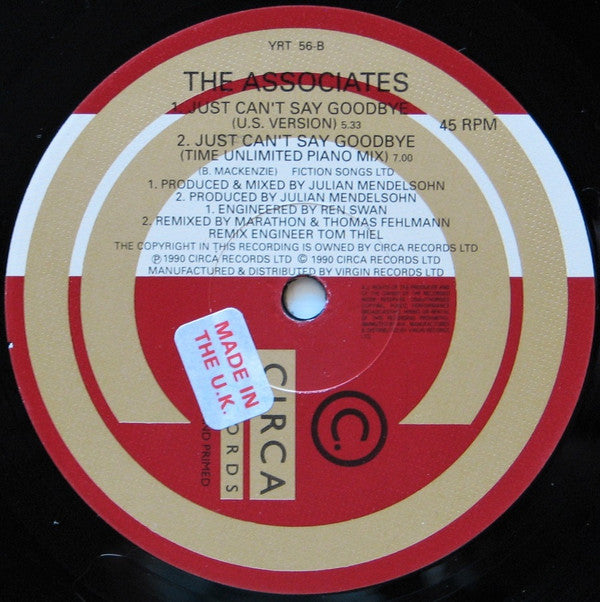 The Associates : Just Can't Say Goodbye (12")