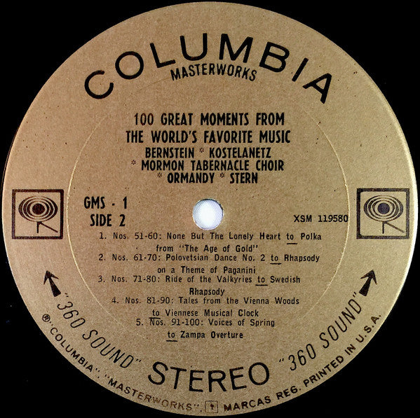 Leonard Bernstein, Isaac Stern, Eugene Ormandy, André Kostelanetz, Mormon Tabernacle Choir : 100 Great Moments From the World's Favorite Music (LP, Comp, Smplr)