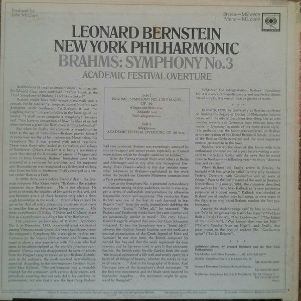 Johannes Brahms, Leonard Bernstein, The New York Philharmonic Orchestra : Symphony No. 3 (LP, Album)