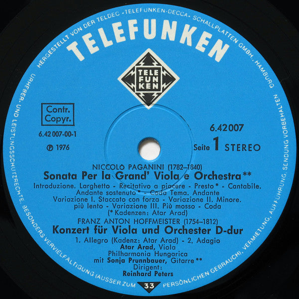 Niccolò Paganini ∙ Carl Stamitz ∙ Franz Anton Hoffmeister, Atar Arad ∙ Philharmonia Hungarica ∙ Reinhard Peters : Viola Concertos (LP, Gat)