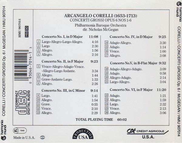Arcangelo Corelli - Philharmonia Baroque Orchestra, Nicholas McGegan : Concerti Grossi Op.6 1-6 (CD, Album)