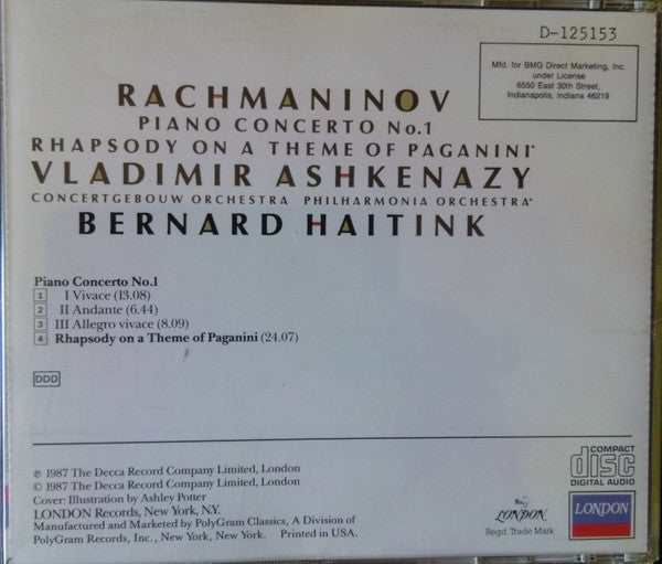 Sergei Vasilyevich Rachmaninoff, Vladimir Ashkenazy, Concertgebouworkest, Philharmonia Orchestra, Bernard Haitink : Piano Concerto No. 1 / Rhapsody On A Theme Of Paganini (CD, Club)