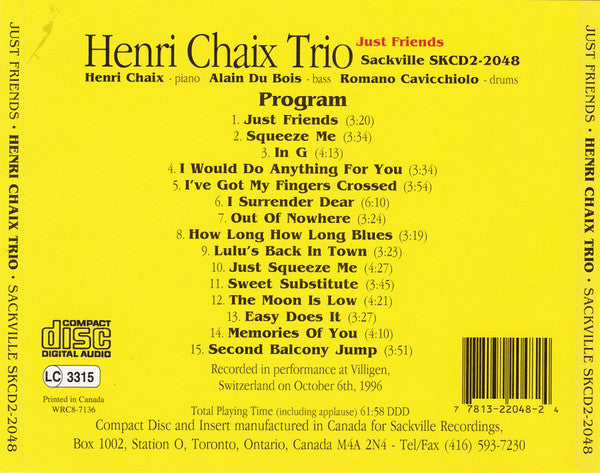Henri Chaix Trio : Just Friends (CD, Album)