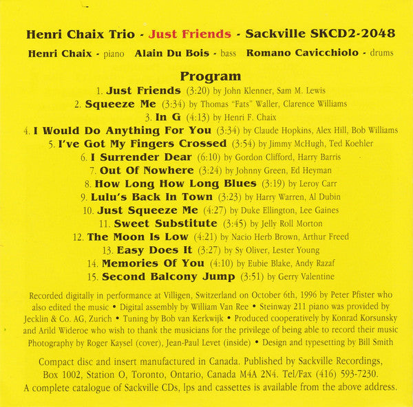 Henri Chaix Trio : Just Friends (CD, Album)