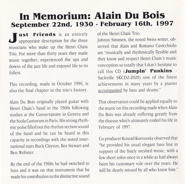 Henri Chaix Trio : Just Friends (CD, Album)