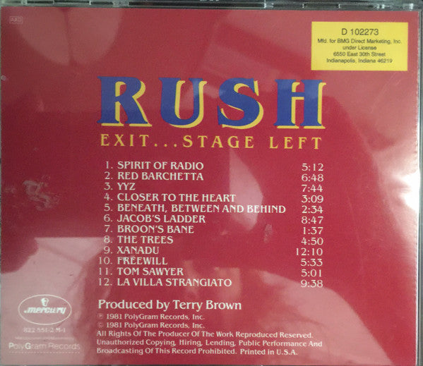 Rush : Exit...Stage Left (CD, Album, Club, RE)