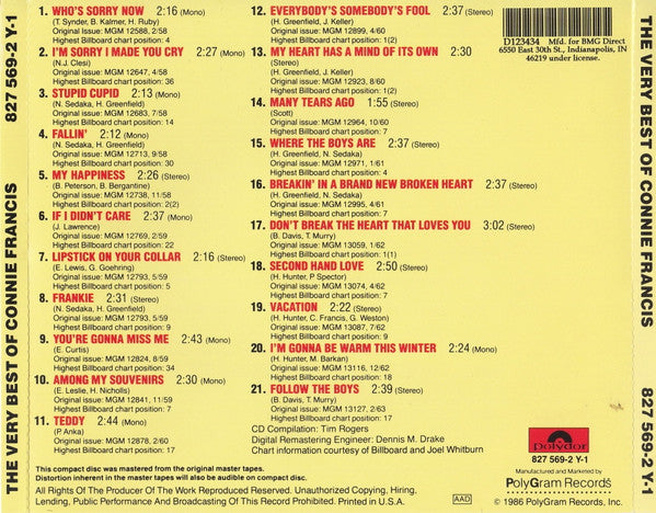 Connie Francis : The Very Best Of Connie Francis (CD, Comp, Mono, RE, RM)