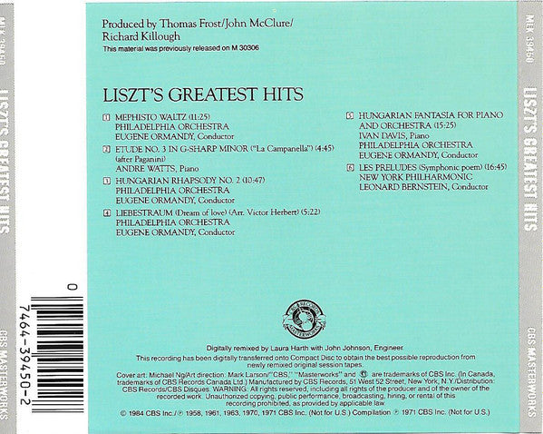 Leonard Bernstein, André Watts, Eugene Ormandy, Ivan Davis (2) : Liszt's Greatest Hits (CD, Comp, RE, RM)