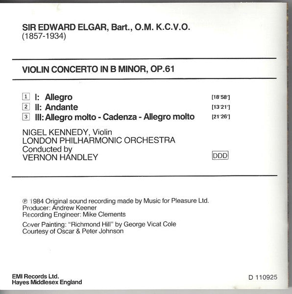 Elgar* – Nigel Kennedy, London Philharmonic Orchestra, Vernon Handley : Violin Concerto (CD, Club)