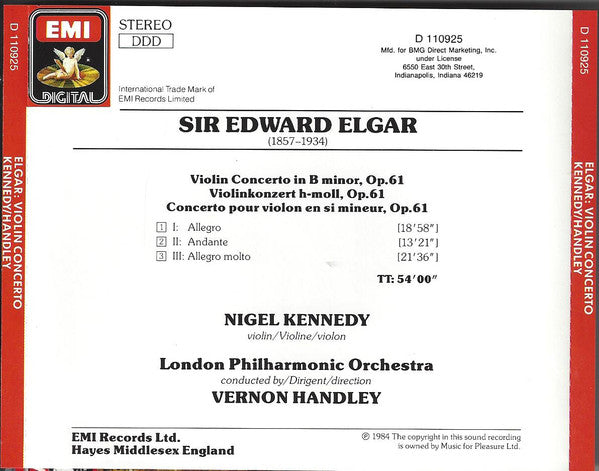 Elgar* – Nigel Kennedy, London Philharmonic Orchestra, Vernon Handley : Violin Concerto (CD, Club)