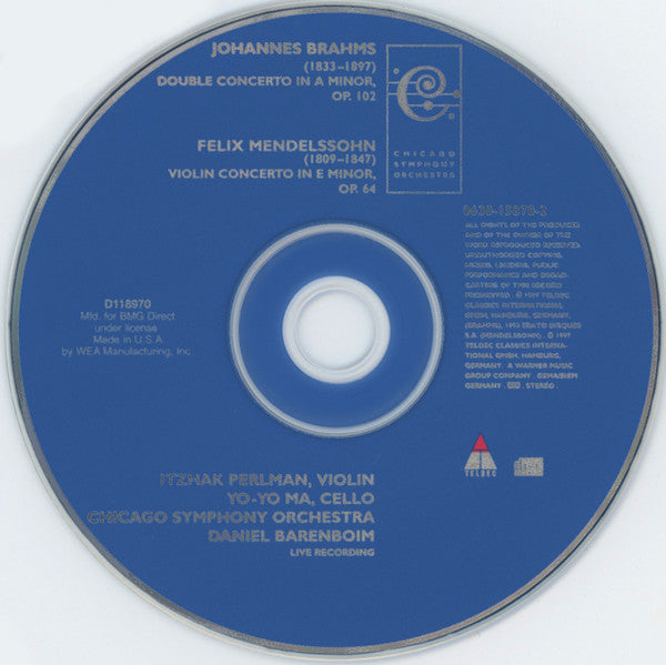 Brahms* / Mendelssohn*, Itzhak Perlman, Yo-Yo Ma, Daniel Barenboim, Chicago Symphony Orchestra : Double Concerto / Violin Concerto  (CD, Album, Club, Liv)