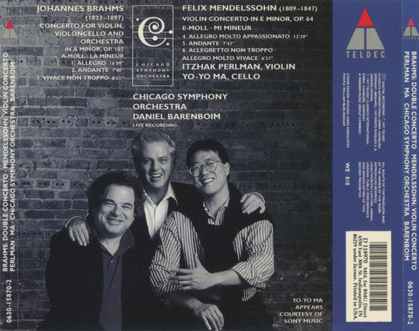 Brahms* / Mendelssohn*, Itzhak Perlman, Yo-Yo Ma, Daniel Barenboim, Chicago Symphony Orchestra : Double Concerto / Violin Concerto  (CD, Album, Club, Liv)