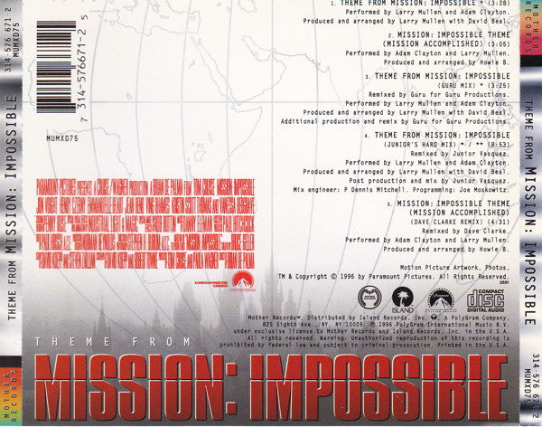 Adam Clayton & Larry Mullen : Theme From Mission: Impossible (CD, Maxi)