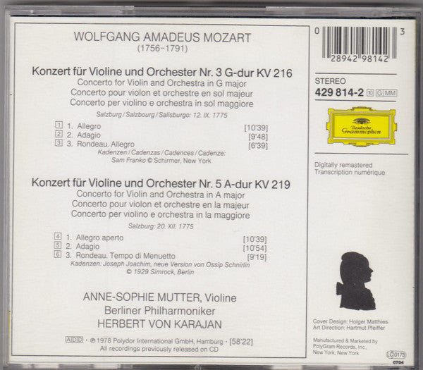 Wolfgang Amadeus Mozart - Anne-Sophie Mutter, Berliner Philharmoniker, Herbert von Karajan : Violin Concertos NOS. 3 & 5 (CD, RE, RM)