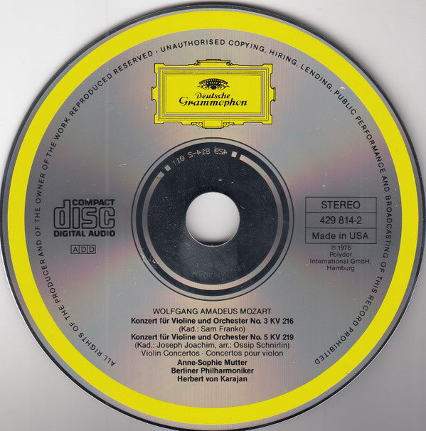 Wolfgang Amadeus Mozart - Anne-Sophie Mutter, Berliner Philharmoniker, Herbert von Karajan : Violin Concertos NOS. 3 & 5 (CD, RE, RM)