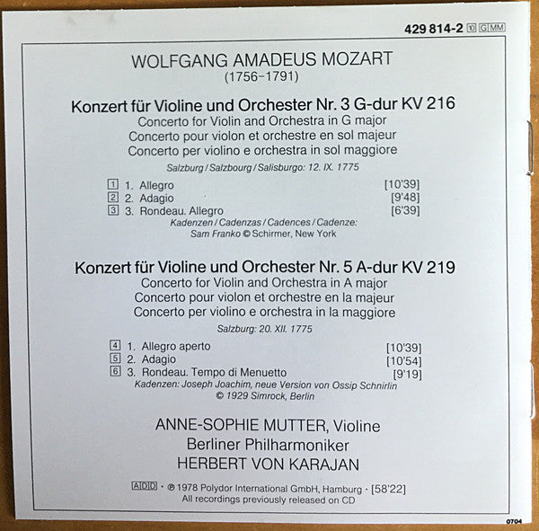 Wolfgang Amadeus Mozart - Anne-Sophie Mutter, Berliner Philharmoniker, Herbert von Karajan : Violin Concertos NOS. 3 & 5 (CD, RE, RM)