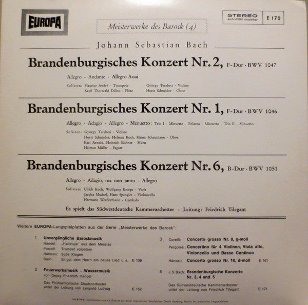 Johann Sebastian Bach, Ulrich Koch, György Terebesi, Maurice André, Friedrich Tilegant, Das Südwestdeutsche Kammerorchester* : Brandenburgische Konzerte 1, 2, 6 (LP)