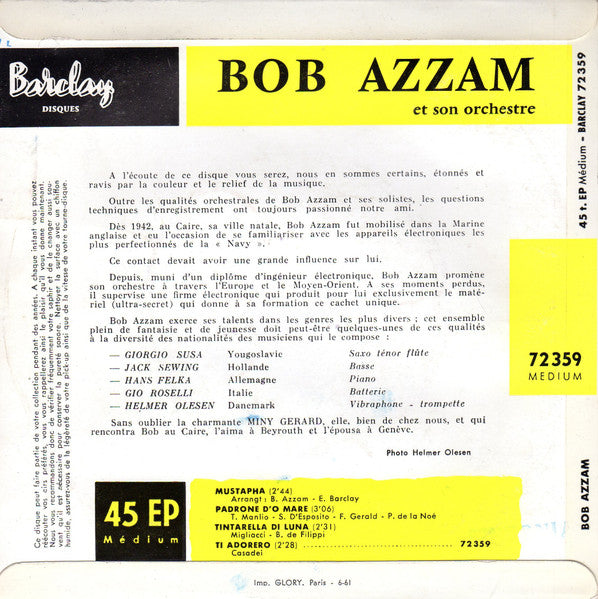 Bob Azzam Et Son Orchestre : Mustapha / Padrone D'O Mare / Tintarella Di Luna / Ti Adorero (7", EP)