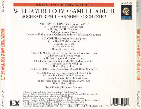 William Bolcom • Samuel Adler / Rochester Philharmonic Orchestra • Bonita Boyd : Music For Piano & Flute (CD, Album, RE, RM)