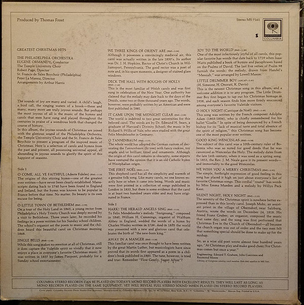 The Philadelphia Orchestra, Eugene Ormandy, The Temple University Choirs, Robert Page : Greatest Christmas Hits (LP)