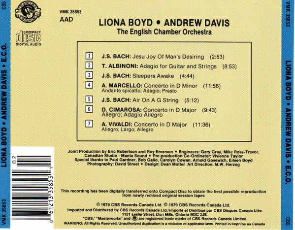 Liona Boyd, Andrew Davis, English Chamber Orchestra : Albinoni, Bach, Cimarosa, Marcello, Vivaldi (CD, Album, RE)