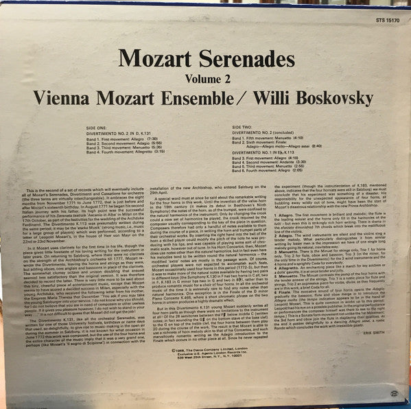 Mozart*, Vienna Mozart Ensemble*, Willi Boskovsky : Serenades/Volume 2   Divertimento No. 2 In D, K.131 / Divertimento No. 1 In E Flat, K.113 (LP, Album, RE)