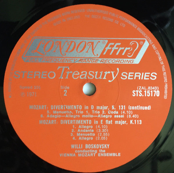 Mozart*, Vienna Mozart Ensemble*, Willi Boskovsky : Serenades/Volume 2   Divertimento No. 2 In D, K.131 / Divertimento No. 1 In E Flat, K.113 (LP, Album, RE)