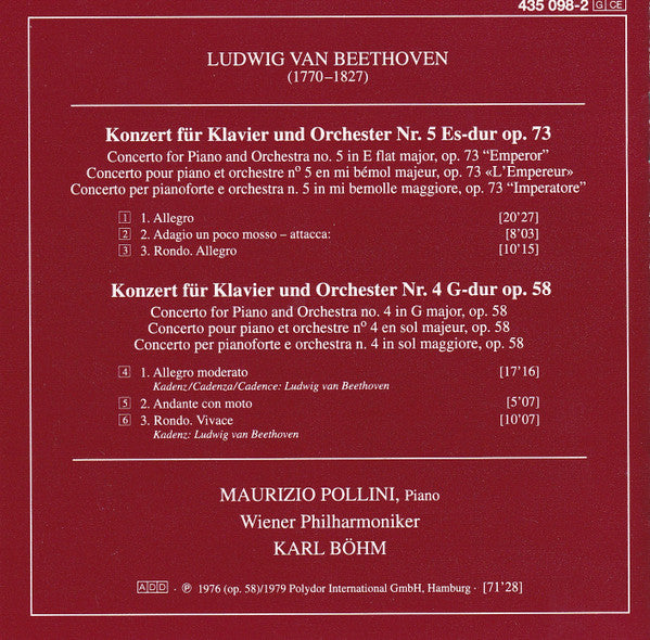 Ludwig van Beethoven - Maurizio Pollini, Karl Böhm, Wiener Philharmoniker : Klavierkonzerte Nos. 4 & 5 • Piano Concertos Nos. 4 & 5 "Emperor" (CD, Comp, RE, RM)