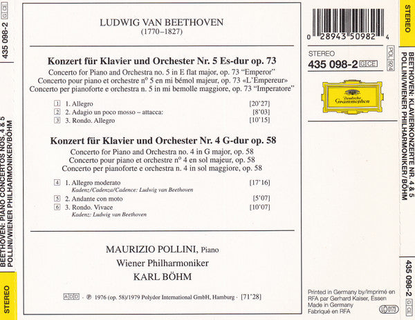 Ludwig van Beethoven - Maurizio Pollini, Karl Böhm, Wiener Philharmoniker : Klavierkonzerte Nos. 4 & 5 • Piano Concertos Nos. 4 & 5 "Emperor" (CD, Comp, RE, RM)