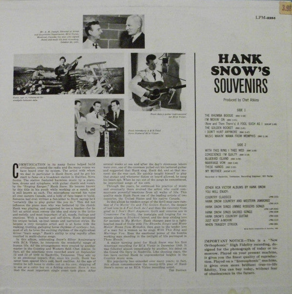 Hank Snow : Hank Snow's Souvenirs (LP, Album, Mono)