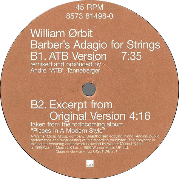 William Ørbit* : Barber's Adagio For Strings (12")
