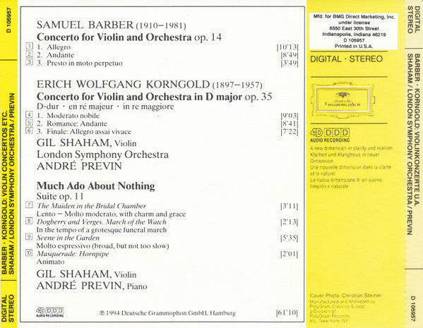 Barber* · Korngold* – Gil Shaham · London Symphony Orchestra ∙ André Previn : Violin Concertos · Violinkonzerte / Korngold: Much Ado About Nothing – Suite (CD, Album, Club, PMD)