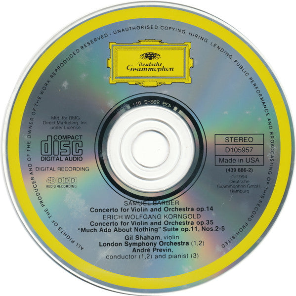 Barber* · Korngold* – Gil Shaham · London Symphony Orchestra ∙ André Previn : Violin Concertos · Violinkonzerte / Korngold: Much Ado About Nothing – Suite (CD, Album, Club, PMD)
