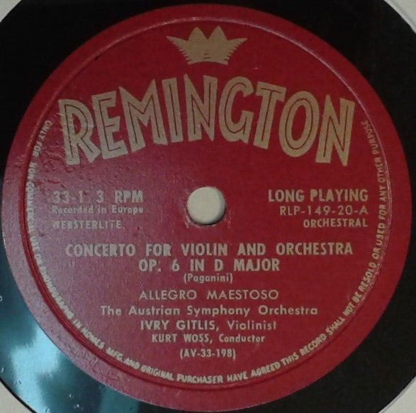 Paganini* / The Austrian Symphony Orchestra*, Ivry Gitlis, Kurt Woss* : Violin Concerto In D Major, Op. 6 (10")