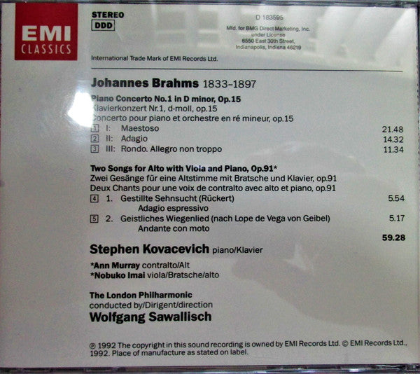 Brahms* – Stephen Kovacevich* • Ann Murray • Nobuko Imai – The London Philharmonic*, Wolfgang Sawallisch : Klavierkonzert Nr. 1 • Zwei Lieder, Op. 91 / Piano Concerto No. 1 • Two Songs, Op. 91 (CD, Album, Club)