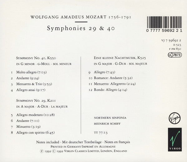 Mozart*, Northern Sinfonia, Heinrich Schiff : Symphonies 29 & 40, Eine Kleine Nachtmusik (CD, Album)