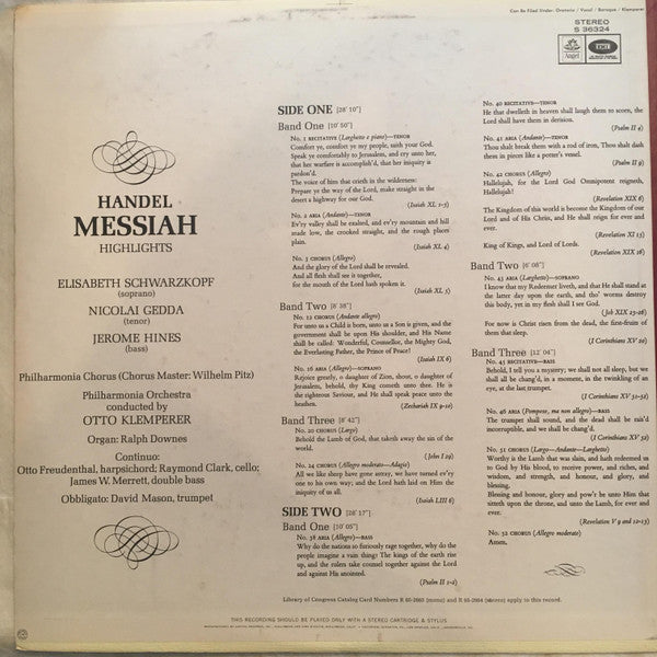 Handel*, Elisabeth Schwarzkopf • Nicolai Gedda • Jerome Hines, The Philharmonia Chorus* And Orchestra* Conducted By Otto Klemperer : Messiah Highlights (LP, Ste)