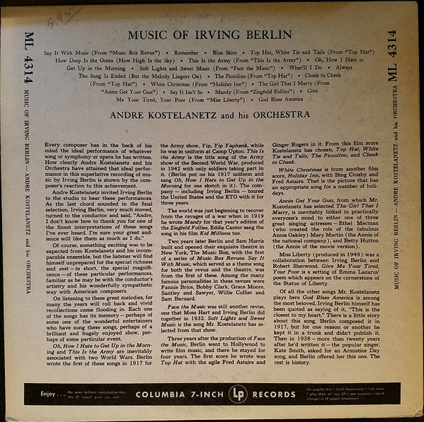 Irving Berlin, Andre Kostelanetz And His Orchestra* : Music Of Irving Berlin (LP, Mono)