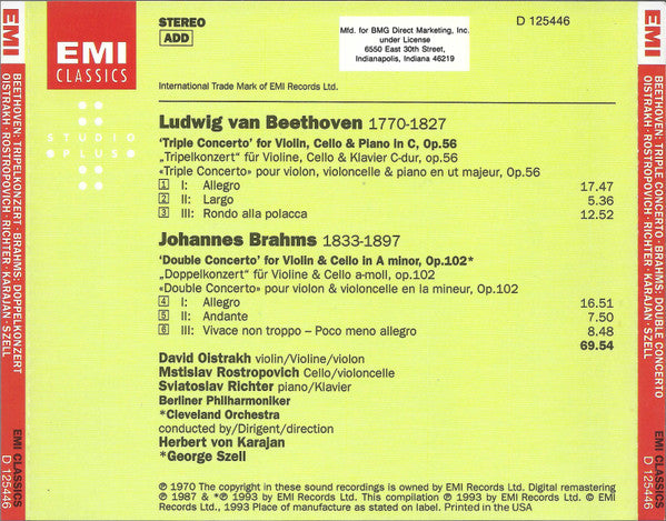 Beethoven* • Brahms* • Oistrakh* • Rostropovich* • Richter* • Berliner Philharmoniker, Herbert von Karajan, Cleveland Orchestra*, George Szell : Triple Concerto •  Double Concerto (CD, Album, Comp, RE, RM)
