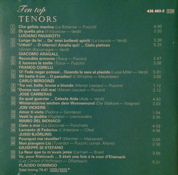 Giacomo Aragall, Carlo Bergonzi, Jussi Björling, José Carreras, Franco Corelli, Placido Domingo, Mario del Monaco, Luciano Pavarotti, Giuseppe di Stefano, Jon Vickers : Ten Top Tenors (CD, Comp)